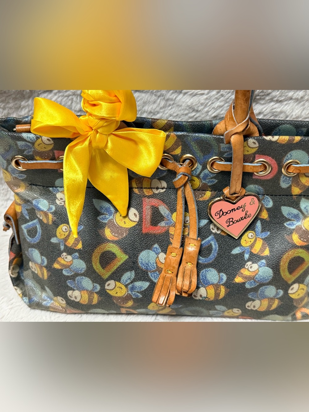 Dooney & Bourke Black Bee Print Satchel with Yellow Bow - Picture 8 of 9